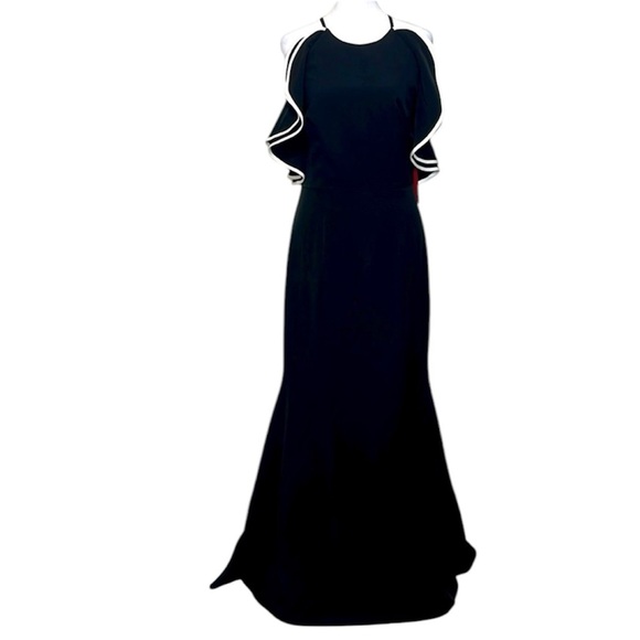 Vince Camuto sleeveless open back crepe drama ruffle black gown size 14 - Picture 2 of 10